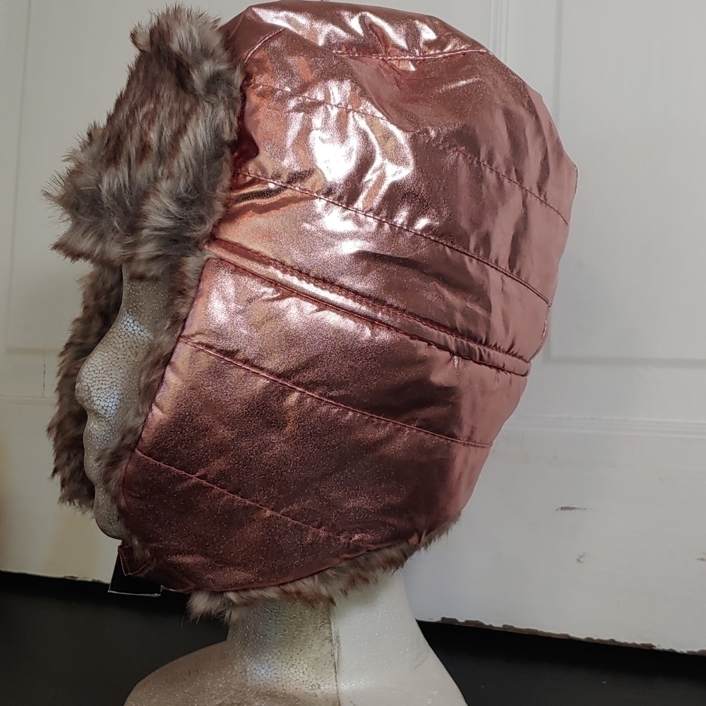 Swiss Tech Pink Metallic Faux Fur Trapper Hat Chin Strap Secure - Picture 3 of 6